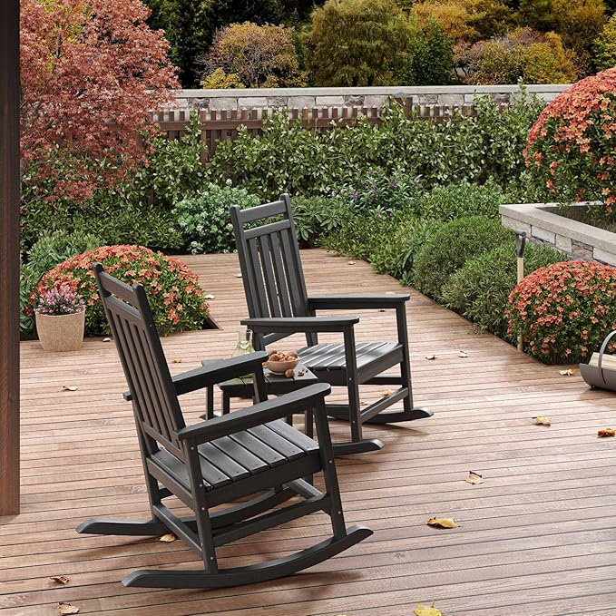 HDPE Rocking Chair Outdoor Set of 2 - Poly High Back Porch Rocker Chairs for Adults - All Weather Resistant Furniture for Patio Front Porch - Black