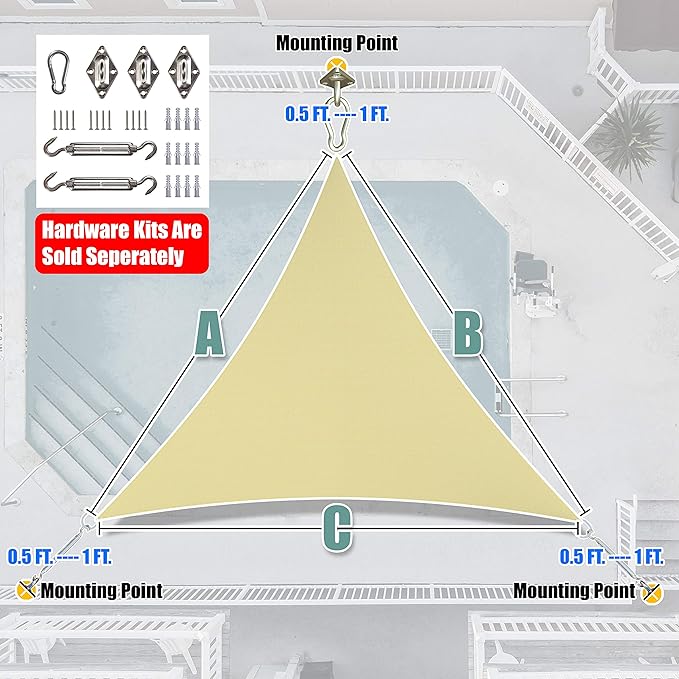 Amgo Custom Size 12' x 12' x 12' Beige Triangle Sun Shade Sail UPF50+ AGTAPRT12, Order to Make Canopy Awning, 95% UV Blockage, Water & Air Permeable, Commercial Standard (We Customize)