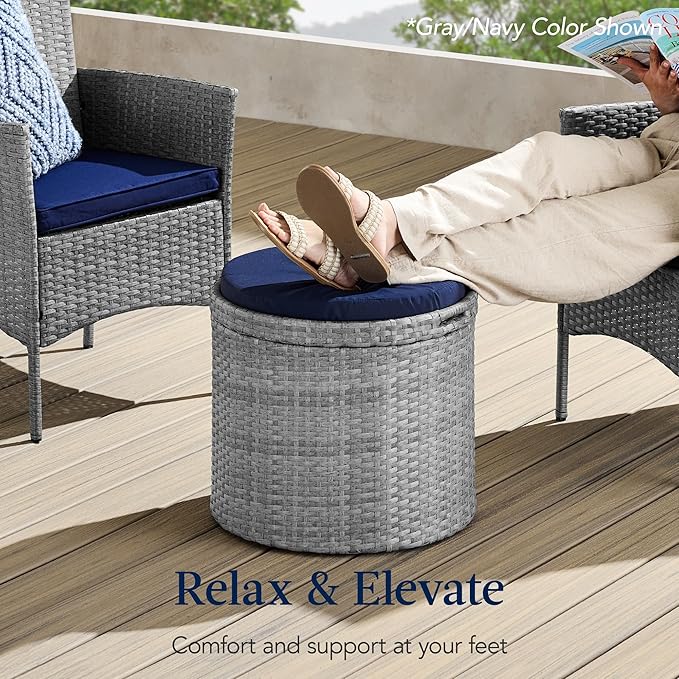 Best Choice Products Round Wicker Ottoman, Multipurpose Outdoor Furniture for Patio, Backyard, Additional Seating, Footrest, Side Table w/Storage, Removable Cushions – Natural/Ivory