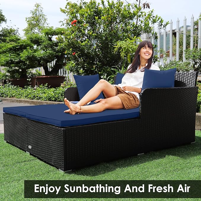 RELAX4LIFE Rattan Patio Outdoor Daybed, Wicker 2-Person Sunbed Loveseat with Soft Cushions, 4 Pillows, Curved Backrest & Armrest, Double Bed Lounger Sofa Set for Balcony Porch, Patio Bed (Navy)