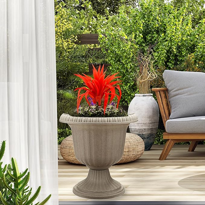 Southern Patio 2 Pack Utopian Urn Planter, Large 14 Inch Outdoor Pot, Lightweight Garden, Entryway, or Walkway Accessory with UV-Coated Finish, Stone