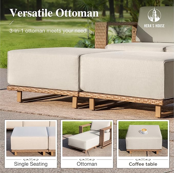 HERA'S HOUSE 6 Pieces Outdoor Rattan Furniture Set, 4 Sectional Patio Wicker Sofa with 2 Ottomans, All Weather Patio Conversation Set with 5.3" Comfy Widened Armrest, 10" Ultra Thick Cushion for Deck