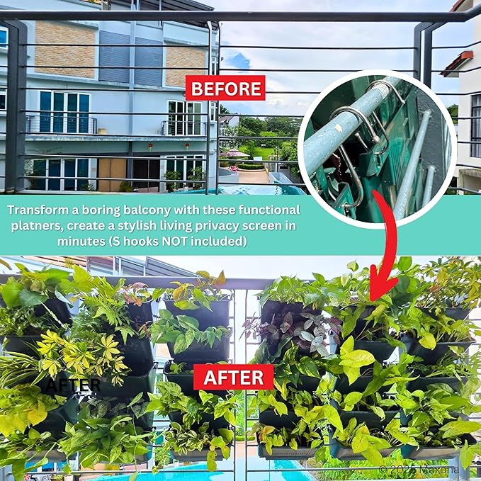 Maxona Black Color Vertical Garden Planter - 2 Pack, 13 inch Wall Mounted Planter for Patio Outdoor Decor, Home Plastic Pot Balcony Plant Vegetable Fruit Herb Hanging Pocket Holder Flowerpot