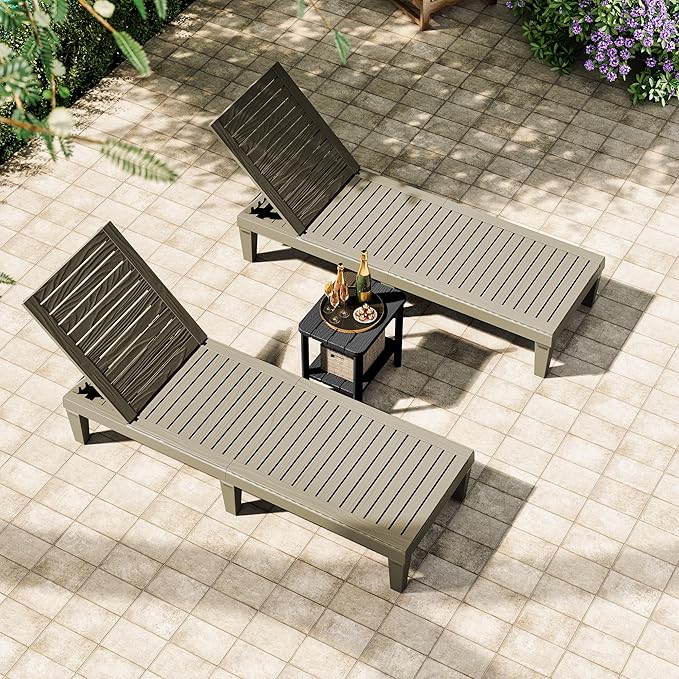 NUNU LAB Outdoor Chaise Lounge Chair Set of 3（2 of Chair and 1 of Side Table）,Waterproof Patio Lawn Chairs Lounge Outside,5-Positions Adjustable Pool Lounge Chair for Garden Beach Poolside,Grey