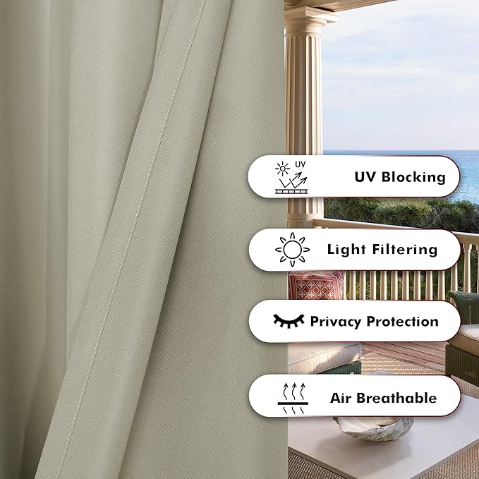 BONZER Waterproof Indoor/Outdoor Curtains for Patio Thick Privacy Grommet Curtains for Bedroom, Living Room, Porch, Pergola, Cabana, 1 Panel, 54W x 95L inch, Taupe