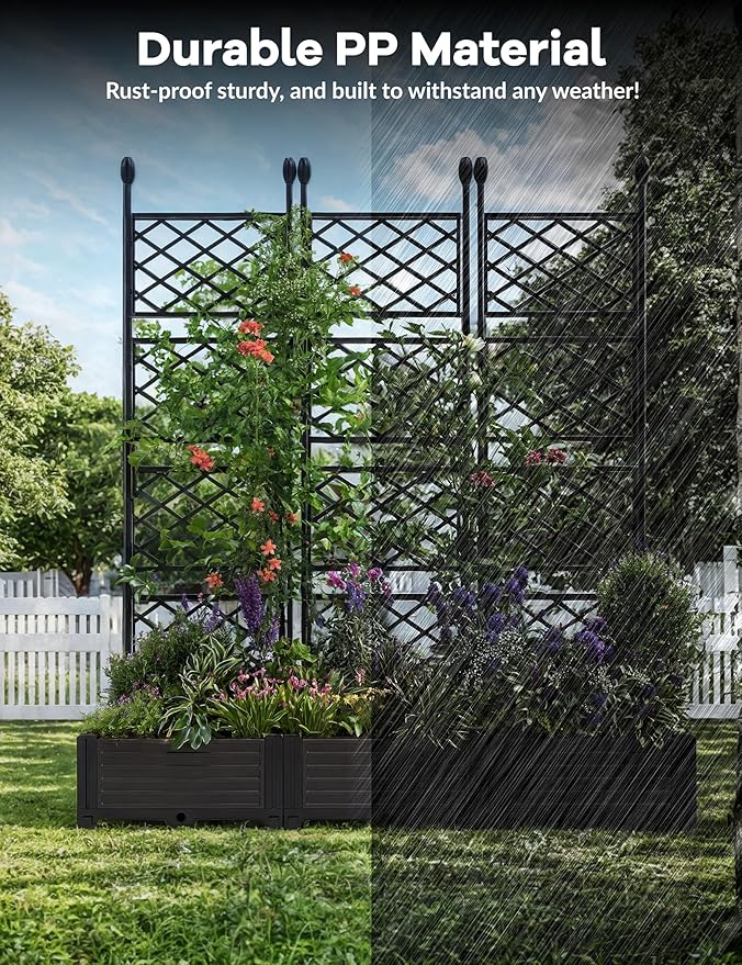GAOMON 3 PCS Raised Garden Bed with Trellis - 50 in W x 63" Tall Plastic Planter Box for Climbing Plants, Outdoor Vertical Garden with Privacy Screen for Patio, Balcony, Backyard