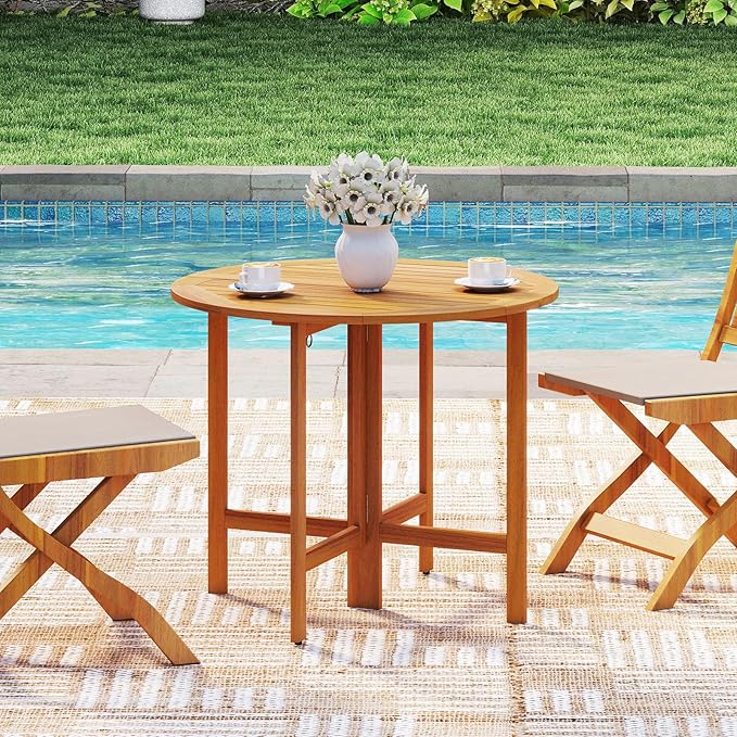 Tangkula 2 Pieces 36 Inches Outdoor Folding Round Dining Table, No Assembly Patio Acacia Wood Bistro Table with Slatted Tabletop, for Backyard, Porch, Balcony