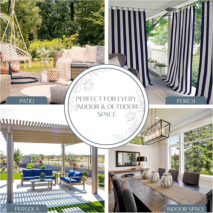 Elrene Home Fashions Highland Stripe Indoor/Outdoor Curtain Panel, 50 inches X 95 inches, Navy