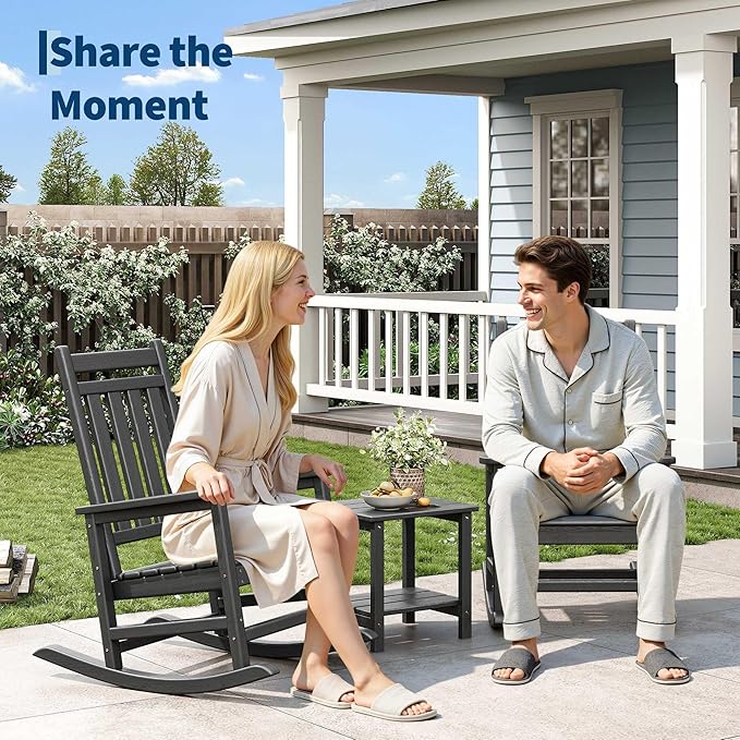 HDPE Rocking Chair Outdoor Set of 2 - Poly High Back Porch Rocker Chairs for Adults - All Weather Resistant Furniture for Patio Front Porch - Black