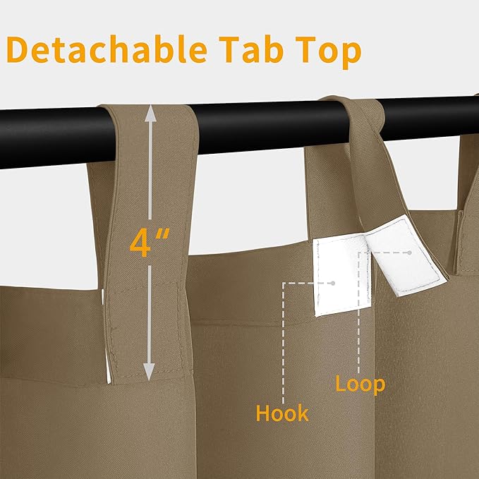 Easy-Going Outdoor Patio Curtains Detachable Tab Top Windproof Weatherproof Curtain for Cabana, Porch, Pergola and Gazebo, Tab Bottom Drape, 2 Panels, 110W x 84L inch, Khaki