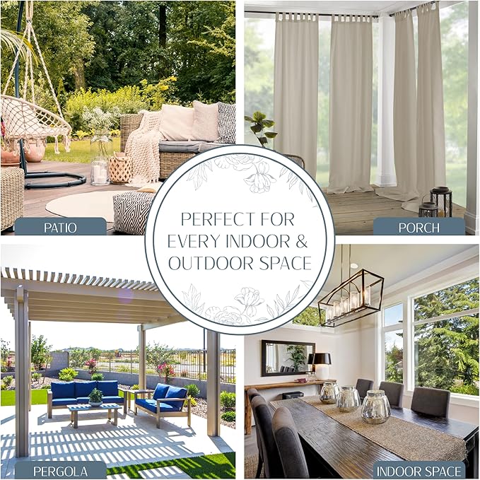 Elrene Home Fashions Matine Weatherproof Tab-Top Indoor/Outdoor Solid Color Curtain Panel for Porch, Pergola, Patio, Deck, 52”W x 95”L, Taupe
