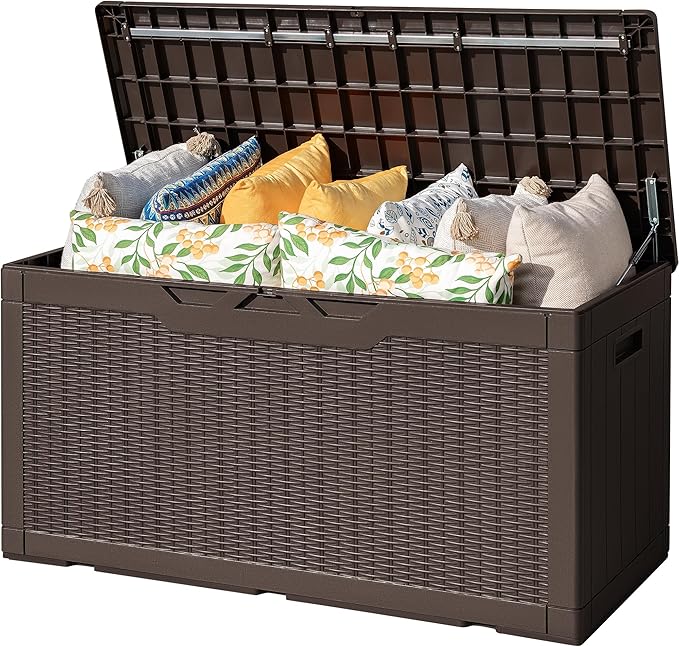 Flamaker Outdoor Storage Box 100 Gallon Waterproof Resin Deck Box Delivery with Air Rod Indoor Outdoor Lockable Storage Bench for Patio Cushions, Tools, Pool Accessories (Deep Brown)