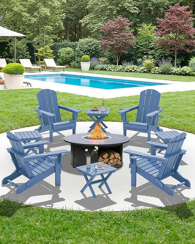 SERWALL Folding Outdoor Side Table Set of 2, Portable Adirondack Side Table, Navy