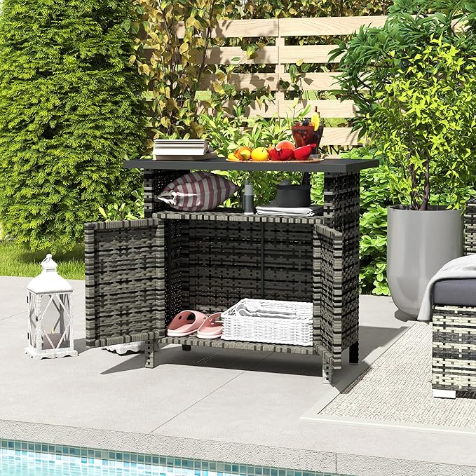 Outsunny Wicker Outdoor Storage Cabinet, Rattan Outdoor Bar Table with 2 Doors and Shelf, Outdoor Buffet Cabinet Sideboard with Metal Slatted Countertop for Poolside, Patio, Backyard, Mixed Gray