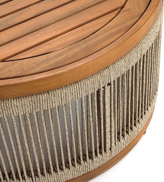 LuxenHome Outdoor Coffee Table, 31'' Acacia Wood Rope Drum Round Sides Patio Tables, Modern Farmhouse Garden Coffee Table, Outdoor Furniture for Porch, Balcony, Outside Furniture