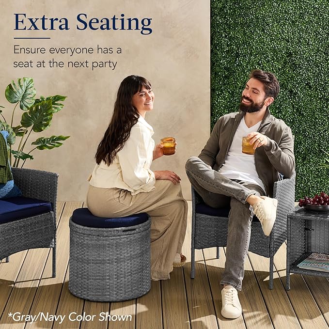 Best Choice Products Round Wicker Ottoman, Multipurpose Outdoor Furniture for Patio, Backyard, Additional Seating, Footrest, Side Table w/Storage, Removable Cushions – Natural/Ivory