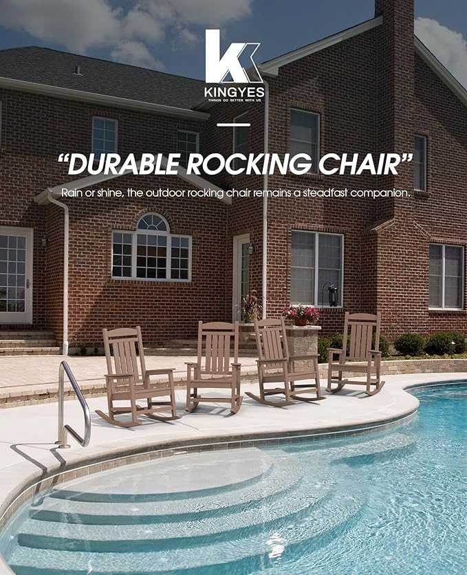 KINGYES Outdoor Rocking Chair Set of 2, High Density Polyethylene Patio Rocking Chairs with 330lbs Support for Adults, Brown