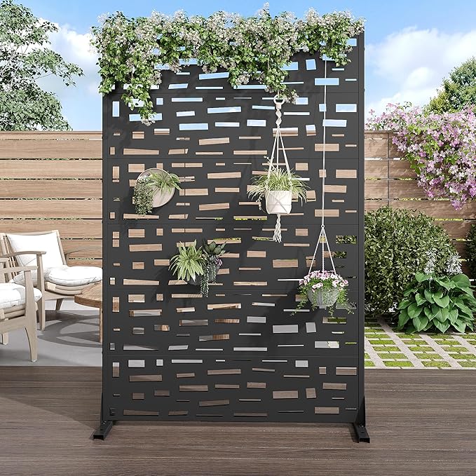 Casaphoria Metal Privacy Screen Outdoor, 72" H x 47" W Freestanding Decorative Privacy Screen for Patio Deck Balcony Garden with Stable Base, Black-Gerald