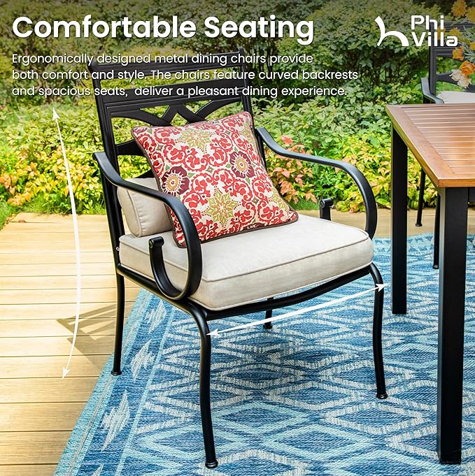 PHI VILLA Outdoor Patio Dining Set for 4 People with 10ft 3-Layer Auto-tilt Round Umbrella(Beige), Includes 4 Outdoor Chairs with Cushions and a Metal Square Table, Perfect for Garden, Lawn, or Deck