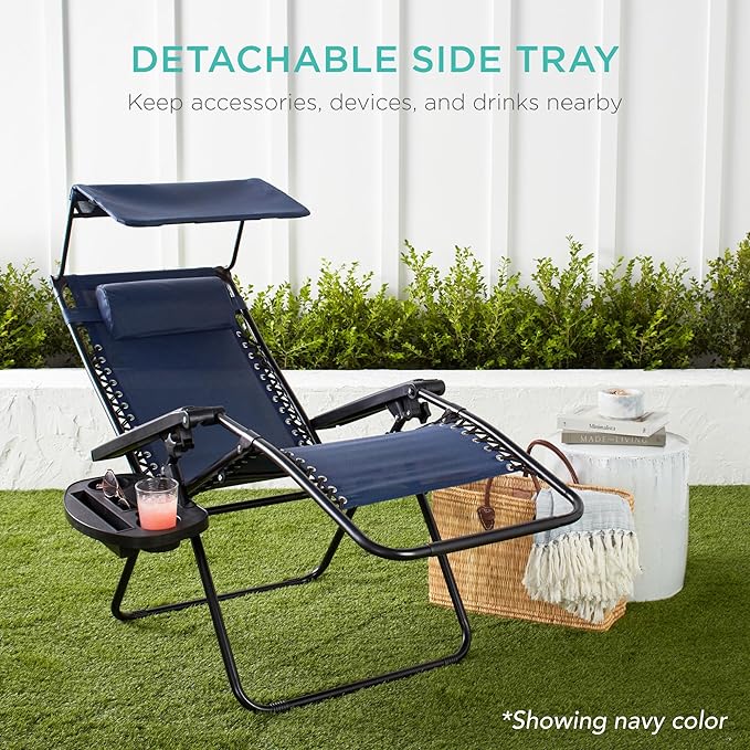 Best Choice Products Folding Zero Gravity Outdoor Recliner Patio Lounge Chair w/Adjustable Canopy Shade, Headrest, Side Accessory Tray, Textilene Mesh - Hot Pink/Black