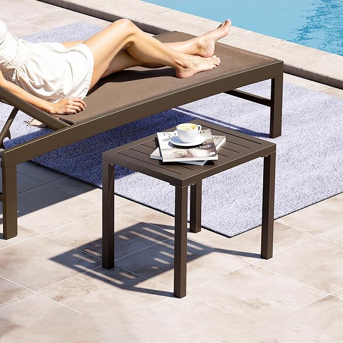 Crestlive Products Outdoor Side Table Set of 2, Aluminum Small Rectangular Weather Resistant Coffee End Tables for Patio Balcony Pool Deck (Brown)
