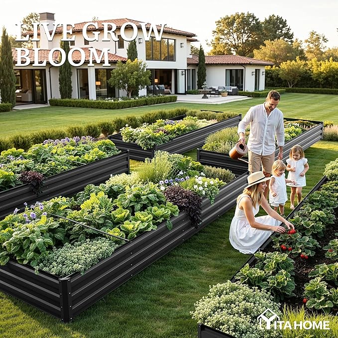 YITAHOME 12x4x1ft Large Raised Garden Bed Kit, Galvanized Metal Planter Box with Gloves, Ground Nails, Support Rod, Outdoor Above Ground Planters for Plants Vegetables Flowers, Black