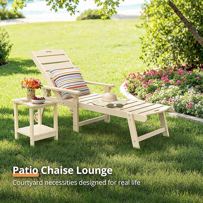 LUE BONA Outdoor Chaise Lounge Chairs Set of 4, HDPS Chaise Lounger, 5 Positions Adjustable Lounge Chairs, Pool Lounge Chair with Wheels for Poolside, Sand