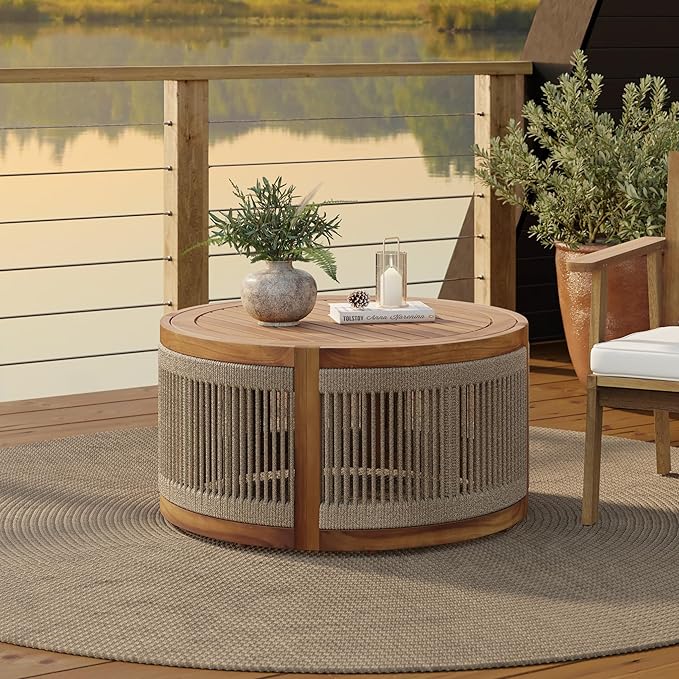 LuxenHome Outdoor Coffee Table, 31'' Acacia Wood Rope Drum Round Sides Patio Tables, Modern Farmhouse Garden Coffee Table, Outdoor Furniture for Porch, Balcony, Outside Furniture