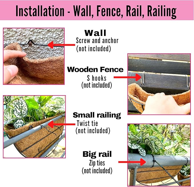 LaLaGreen Wall Hanging Planters, 6 Pack, 12 Inch Balcony Flower Baskets with Coco Liner Outside, Outdoor Vertical Garden, Fence Pots Holder Half Round Semi Circle Rail Railing Deck Porch Balcony Patio