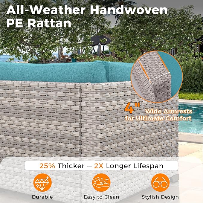12-Seat Modular Patio Furniture Set – Outdoor Wicker Sectional Sofa with Thick 4″ Cushions, Dual-Strand PE Rattan, Rust-Resistant 18 mm Steel Frame, Backyard Garden Deck Lounge,Blue
