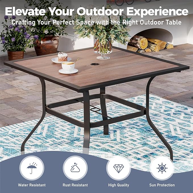 5 Piece Patio Dining Set for 4, 37'x37' Square Table with Umbrella Hole and 4 Metal Chairs, Outdoor Table and Chairs Set for Lawn, Backyard and Deck, Red
