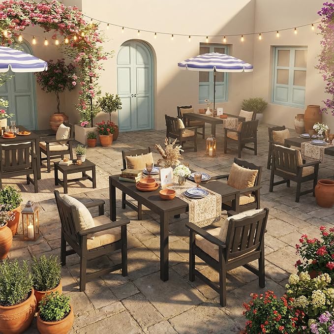 Stoog 5 Pieces Patio Dining Sets, All-Weather HIPS Material & Aluminum Frame Dining Table with Umbrella Hole, Outdoor Dining Table for 4, Never Rot or Fade, Black