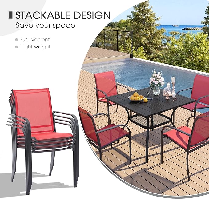 VICLLAX 3 Pieces Patio Dining Set for 2, Outdoor Furniture Set Includes 1 Small Patio Table and 2 Stackable Patio Sling Chairs, Patio Bistro Set for Outsides, Black Table and Red Chairs