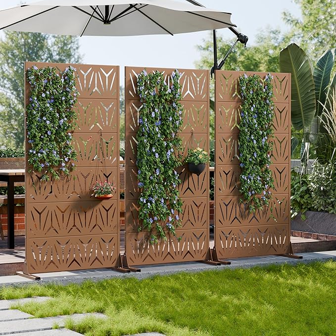 Casaphoria Metal Privacy Screen Outdoor, 72" H x 35" W Freestanding Decorative Privacy Screen for Patio Deck Balcony Garden with Stable Base, Brown-Star