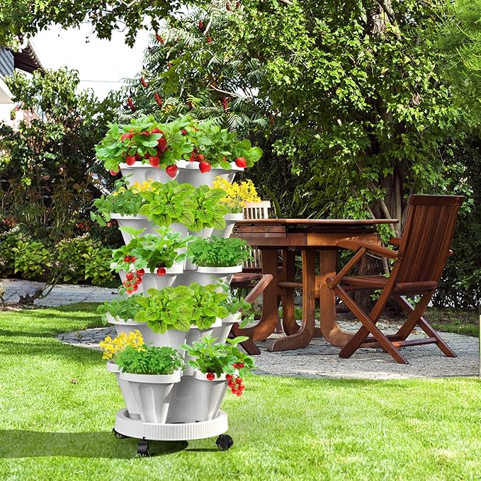 Strawberry Vertical Planter, Stacking Garden Tower, 5 Tiered Stackable Herb Vegetable Planters with Movable Casters and Bottom Saucer Indoor and Outdoor - Black