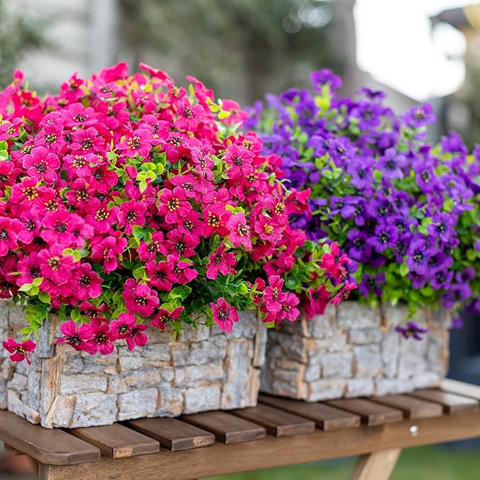 Artificial Flowers for Outdoors Fake Plants - 16 Bundles Faux Outside Greenery Boxwood No Fade Plastic Shrubs Fall Decor Farmhouse Home Garden Thanksgiving Mums (Red)