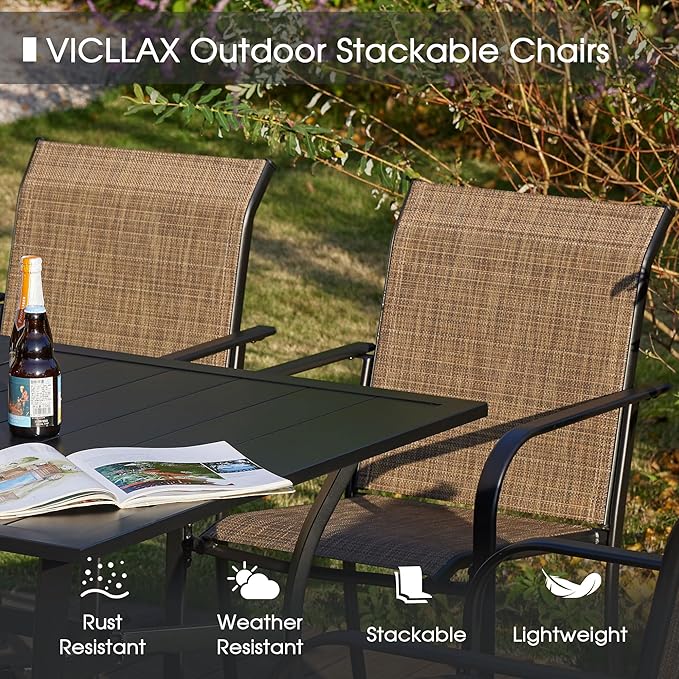 VICLLAX Patio Dining Set for 4, Outdoor Furniture Set Includes 1 Square Patio Table and 4 Stackable Patio Sling Chairs, Patio Table and Chairs for Outsides, Black Table and Brown Chairs