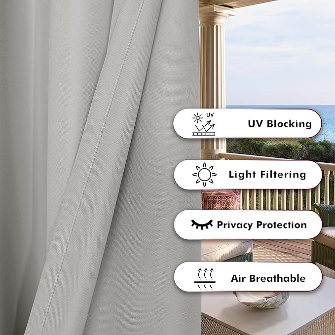 BONZER Waterproof Outdoor Curtains for Patio Porch Pergola Cabana Thick Privacy Extra Wide Grommet Indoor Curtains for Bedroom Living Room, 1 Panel, 150W x 95L inch, Silver