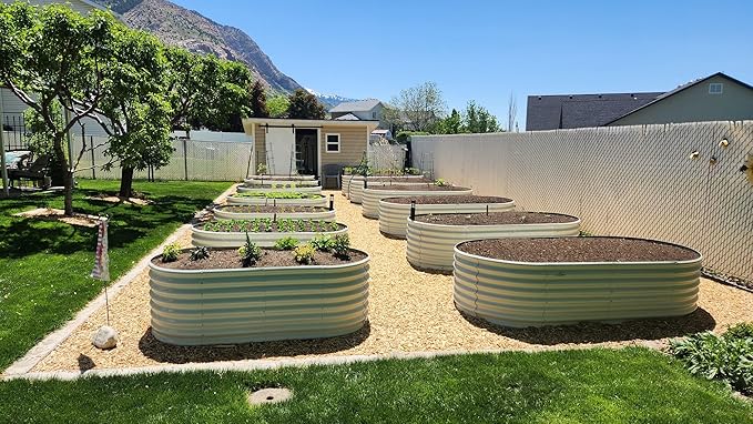 A ANLEOLIFE 2-Set 8X4X2 ft Galvanized Raised Garden Bed Kit, Oval Metal Deep Root Planters for Outdoor Plants, Antique White