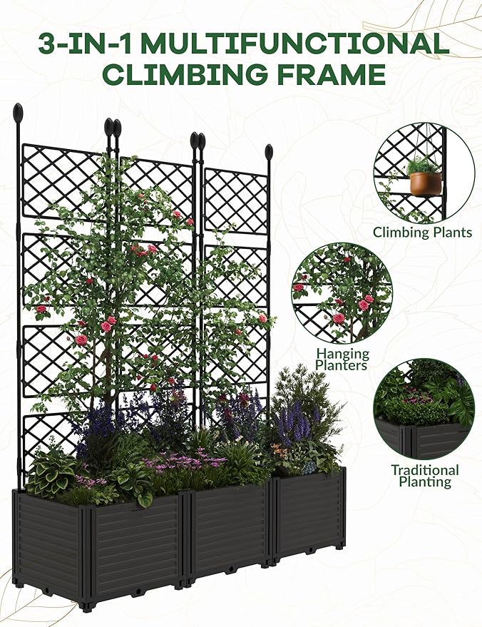 IDEALHOUSE 3 PCS Raised Garden Bed with Trellis, 50" W×63" T Plastic Planter Box with Privacy Screen, Sturdy Lightweight Vertical Garden for Climbing Plants Patio Balcony Backyard