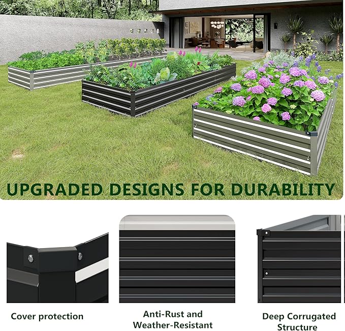 2PCS 12x3x1ft Galvanized Raised Garden Bed Kit,Metal Planter Box for Vegetables,Flowers,Herbs Durable Rust-Resistant Patio Gardening Beds,Black