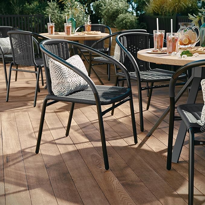 Flash Furniture Lila Modern Rattan Indoor/Outdoor Stackable Dining Chairs, Stacking Rattan Bistro Chairs for Patio or Restaurant, Set of 4, Gray