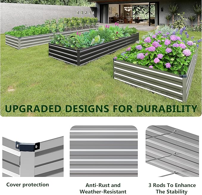 2PCS 10x3x1ft Galvanized Raised Garden Bed Kit,Metal Planter Box for Vegetables,Flowers,Herbs Durable Rust-Resistant Patio Gardening Beds,Silver