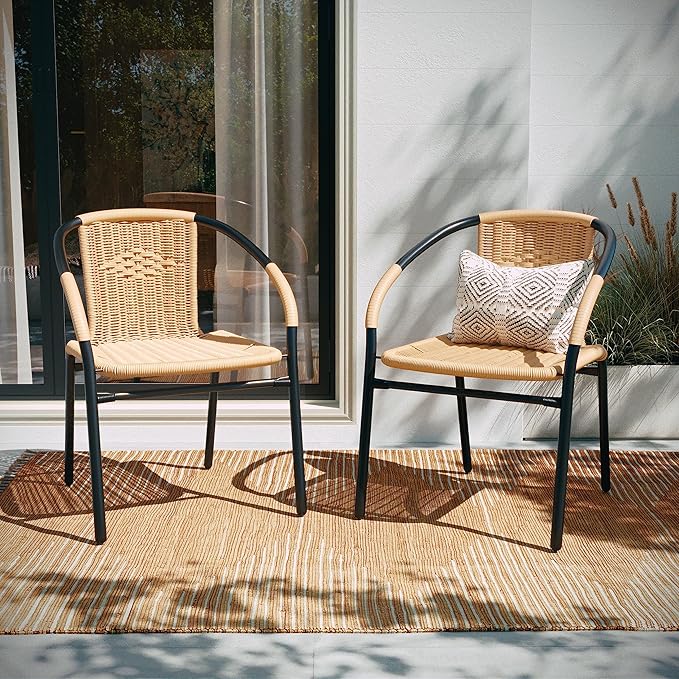 Flash Furniture Lila 4 Pack Beige Rattan Indoor-Outdoor Restaurant Stack Chair | Versatile and Stylish Seating