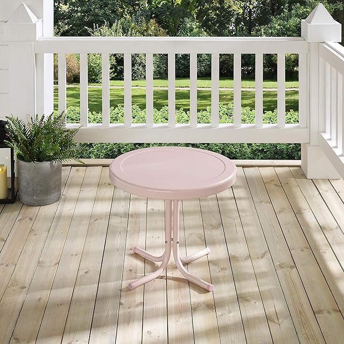 Crosley Furniture Griffith Weather Resistant Retro Metal Outdoor Side Table for Patio, Deck, Porch, Pink